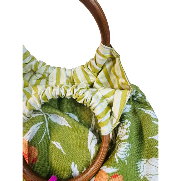 Vintage Green Floral Canvas Tote Bag with Wooden Ring Handles Small Handbag - Picture 4 of 4